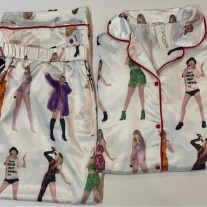 XXL Satin Pajama Set Silky Graphic Lounge Sleepwear Red Trim NWT